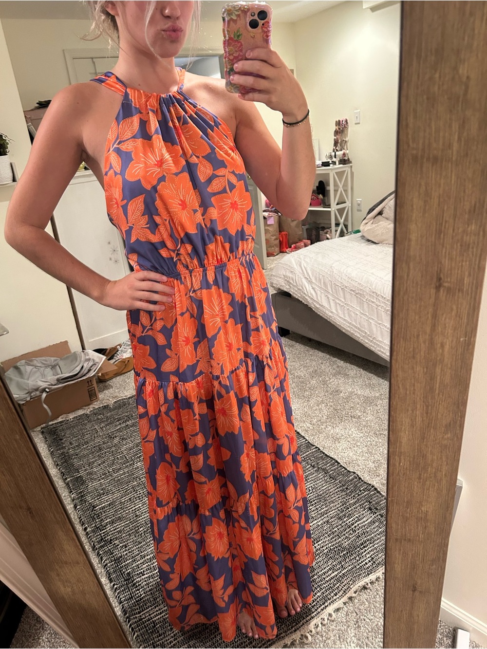 Women's Halter Floral Maxi Dress in Orange and Blue